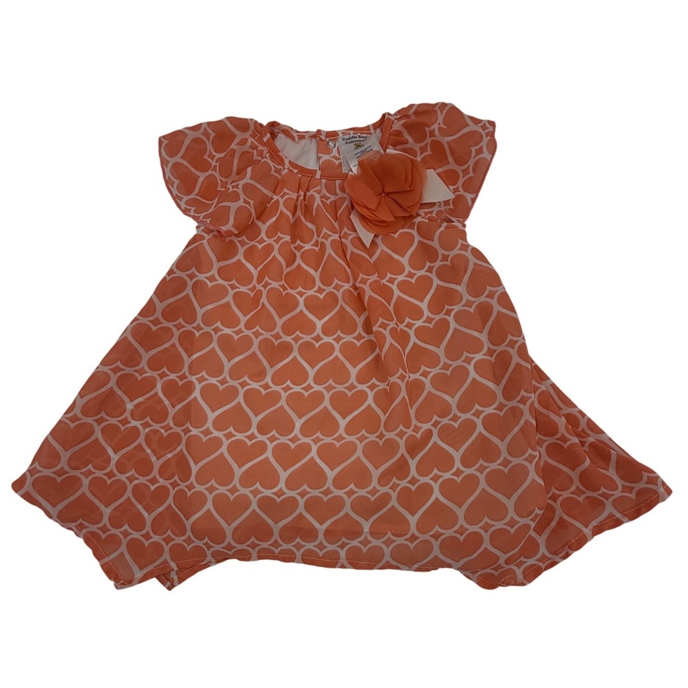 Cuddle Bear Collection Girls 18M Orange Heart Print Chiffon Dress Flower Detail